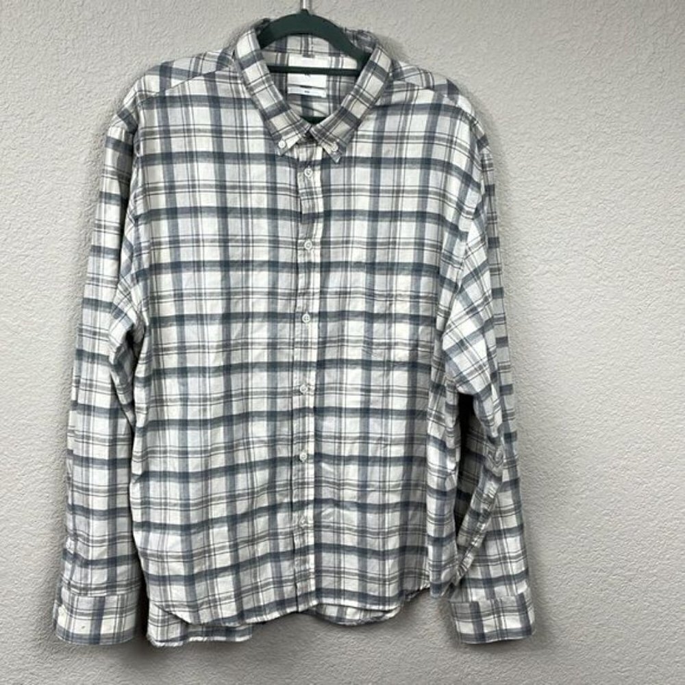 Billy Reid Slim Button Front Plaid Windowpane Shirt White Gray Wool Blend XXL